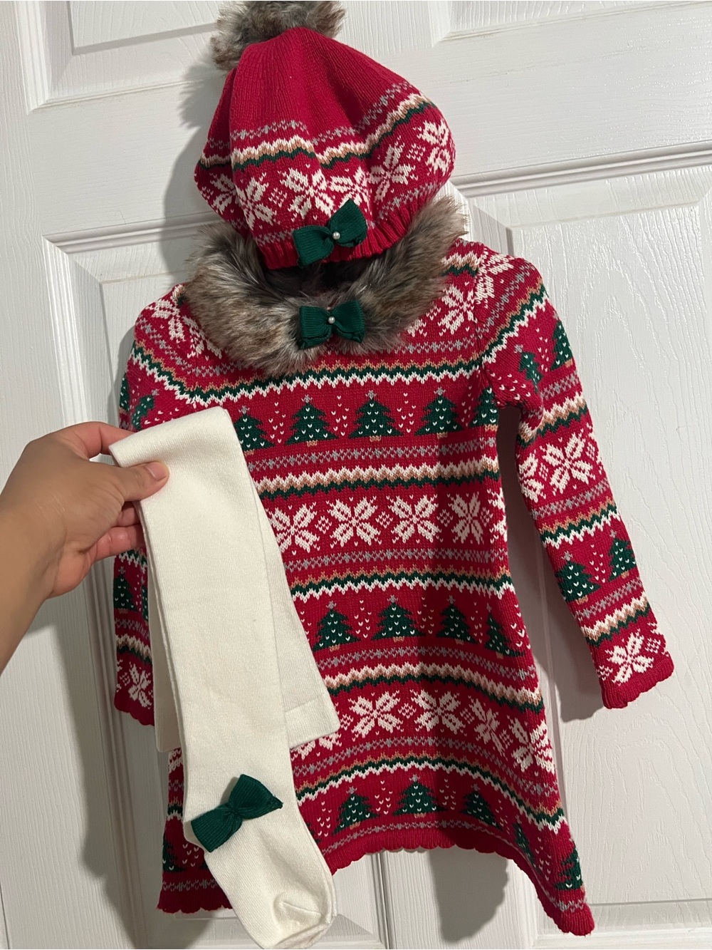 Kids Red Fair Isle Pom Beanie and White Bow Mittens Set